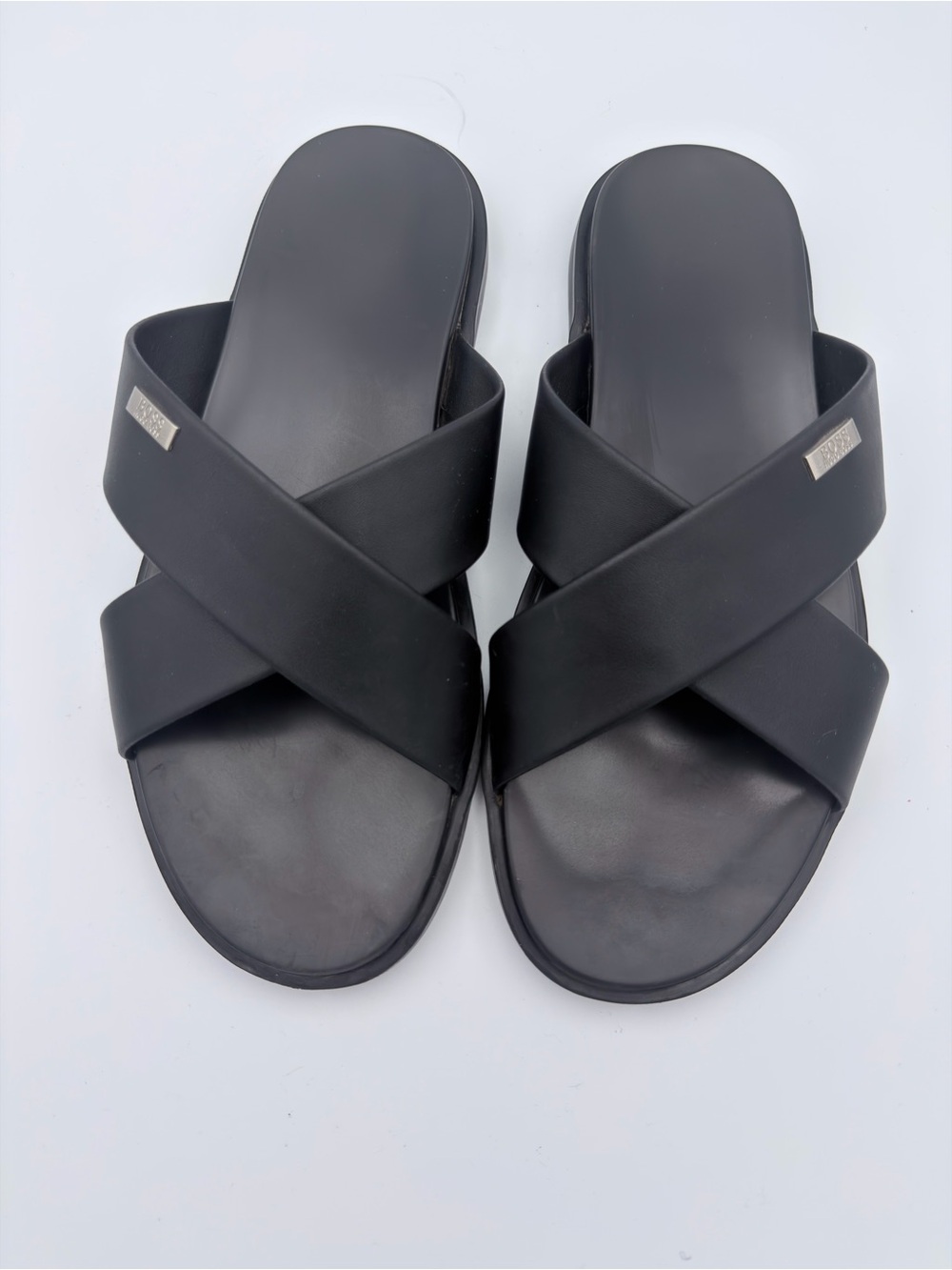 BOSS Hugo Boss Men's Black Crossover Leather Slide Sandals EU 46 US 12 Designer